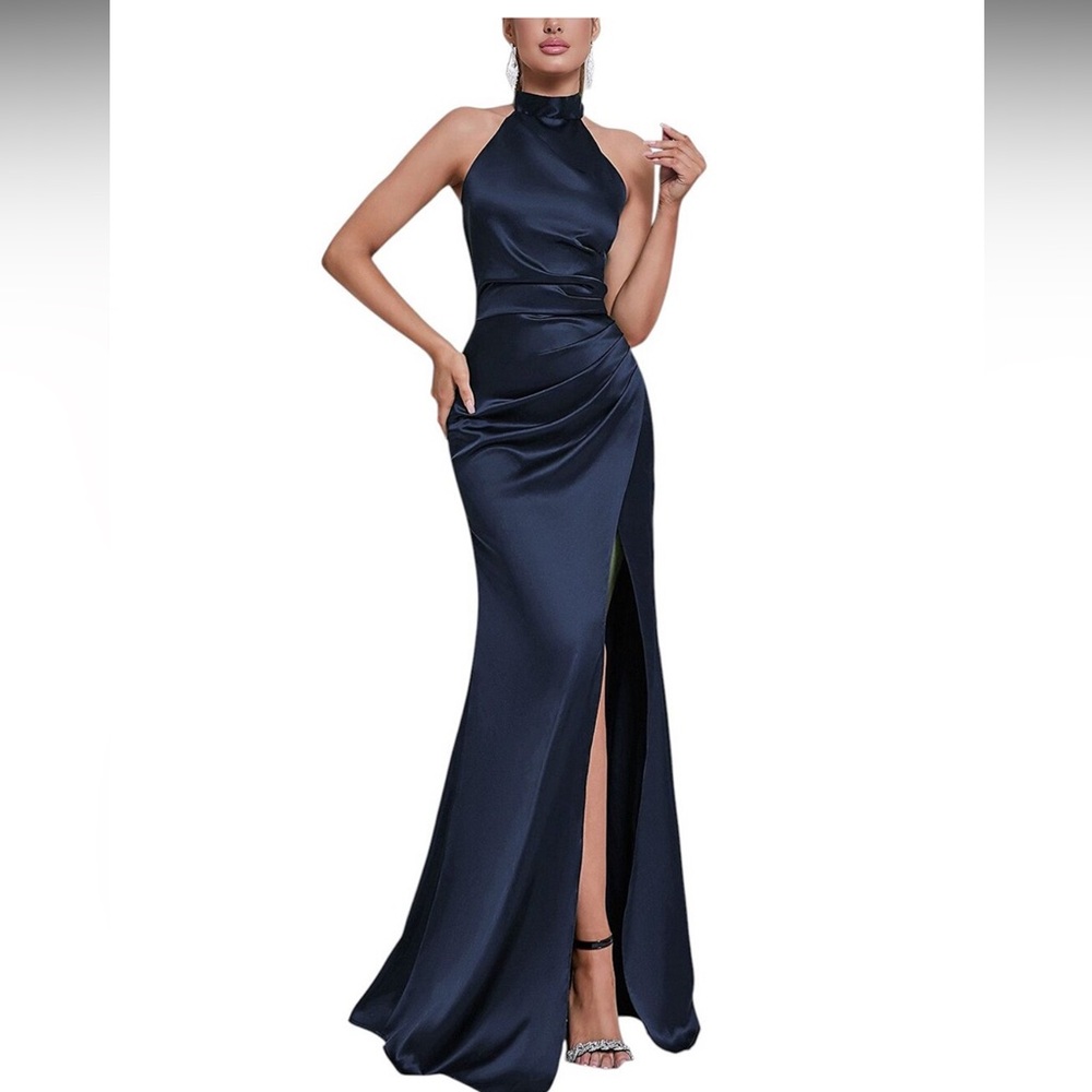 Elegant Navy Halter Maxi Dress